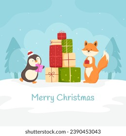 Christmas party scenes with penguin and fox, Merry Christmas and New Year