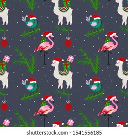 Christmas Party seamless pattern with cute animals in hat. Merry Christmas, happy new year background