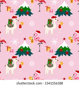 Christmas Party seamless pattern with cute animals in hat. Merry Christmas, happy new year background