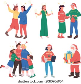 Christmas party semi flat color vector character set. Posing figures. Full body people on white. Friends isolated modern cartoon style illustration for graphic design and animation collection