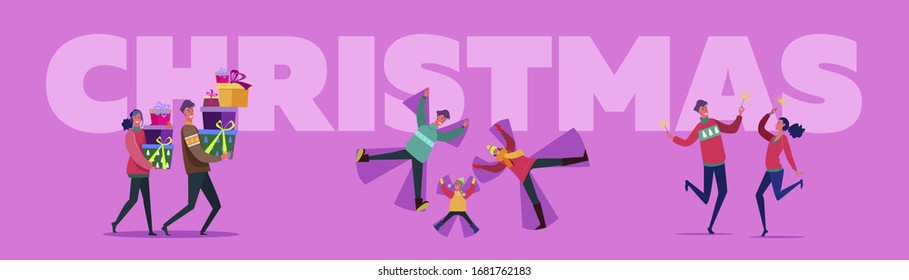 Christmas party set. Families having fun, dancing, toasting, giving gifts, townhouses street. Flat vector illustrations. New Year, holiday concept for banner, website design or landing web page