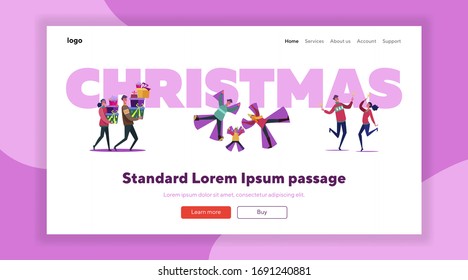 Christmas party set. Families having fun, dancing, toasting, giving gifts, townhouses street. Flat vector illustrations. New Year, holiday concept for banner, website design or landing web page