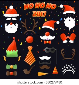 Christmas Party set Glasses, hats, mustaches, masks - for holiday design, photo booth. Vector Illustration