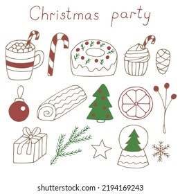 Christmas party set vector illustration, hand drawing doodles