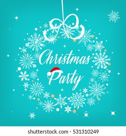 Christmas party sign text over beautiful snowflake winter wreath vector illustration. Perfect holiday decoration.