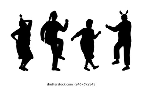 Christmas Party. Silhouettes of People in Christmas Costumes. People dance. People Silhouettes. Black on White. Vector illustration