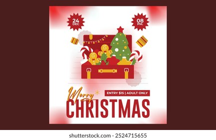 Christmas Party Socials Media. Vector illustration. Winter holiday invite, snowflakes and streamers. Minimal flyer, brochure voucher template.