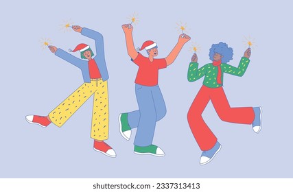 Christmas Party with Sparklers. People in red Hats Celebrate Xmas. New Year Celebration. Vector Flat Illustration.