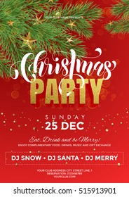 Christmas Party Template, Flyer, Poster, Banner. Red Background With Christmas Decorations, Decorative Golden Elements, Christmas Tree Pine, Fir Branches Design