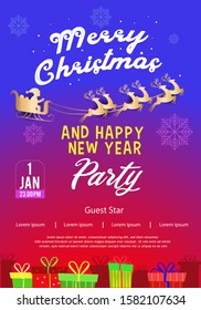 christmas party template with pink and purple colour, and there is a santa carrying gifts on the train in the form of gold, vector template . design concept