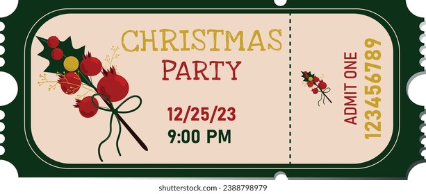 Christmas Party Ticket. Designer ticket with Christmas attributes