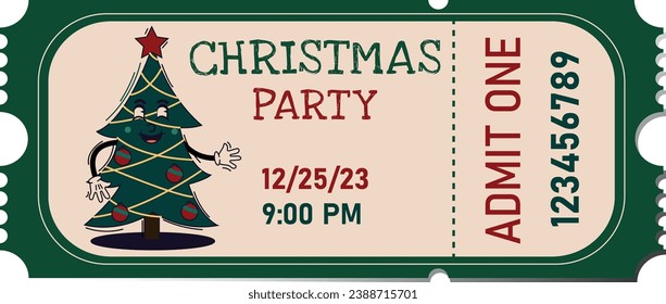 Christmas Party Ticket. Illustration of a retro Christmas tree with eyes