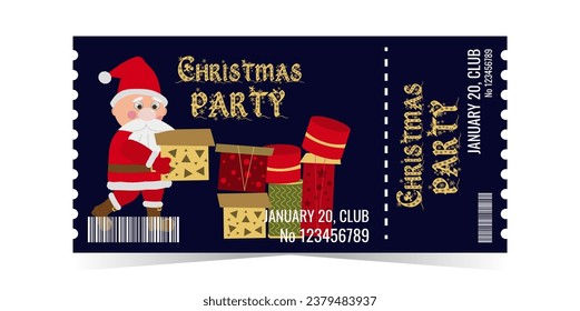 Christmas Party Ticket layout template card design. Santa Claus is carrying gifts. Winter holiday invitation card. Vector flat illustration.