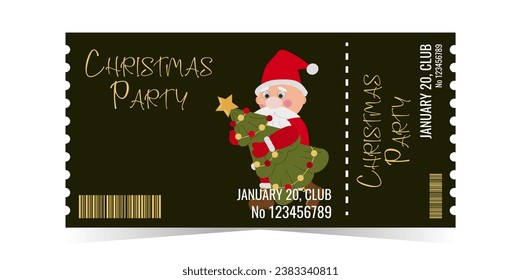 Christmas Party Ticket layout template card design. Santa Claus is carrying a Christmas tree. Winter holiday invitation card. Vector flat illustration.