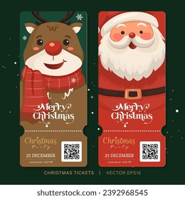 Christmas party ticket pass or tag template with Santa Claus and reindeer cartoon characters, vector illustration  