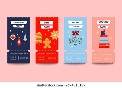 Fiesta de Navidad Ticket Set Plantillas de Vector Festiva Invitaciones y Entradas