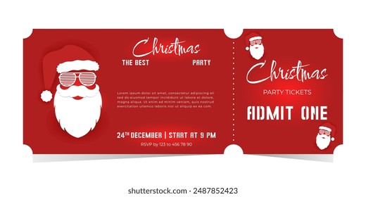 Christmas party ticket template with cool santa on red background. Vector design of 2025 isolated template.