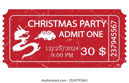 Christmas party ticket template. Retro style ticket design illustration, Chinese New Year. Red vintage ticket for Christmas party.