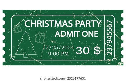 Christmas party ticket template. Retro style ticket design illustration, Happy New Year. Green vintage ticket for Christmas party.
