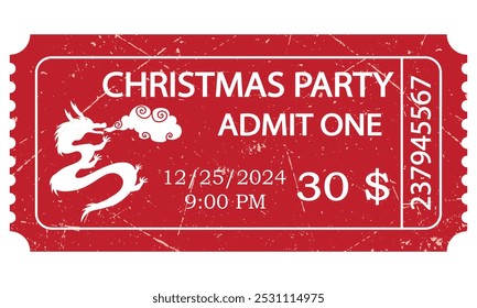Christmas party ticket template. Retro style ticket design illustration, Chinese New Year. Red vintage ticket for Christmas party.