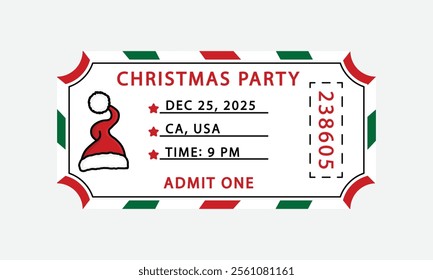 Christmas party ticket template. Vector admit one holidays ticket with Santa Claus hat.