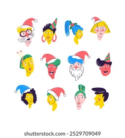 Christmas Party Time unique Characters. Diverse collection of festive faces. Fun hats and cheerful expressions. Perfect for Christmas cards, invitations. Flat vector illustration