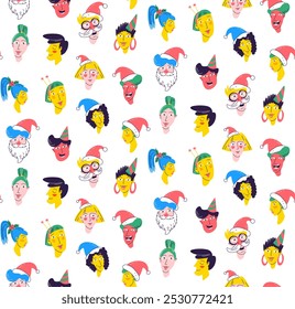 Christmas Party Time unique Characters. Seamless pattern background. Diverse collection of festive faces. Fun hats and cheerful expressions. Christmas cards, invitations. Flat vector illustration