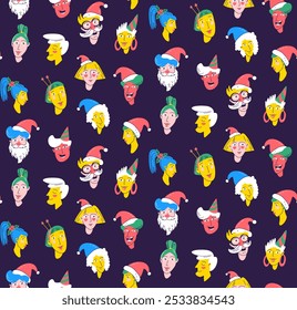 Christmas Party Time unique Characters. Seamless pattern background. Diverse collection of festive faces. Fun hats and cheerful expressions. Christmas cards, invitations. Flat vector illustration
