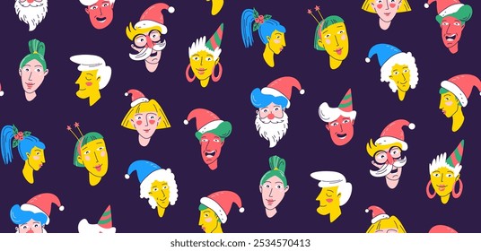 Christmas Party Time unique Characters. Seamless pattern background. Diverse collection of festive faces. Fun hats and cheerful expressions. Christmas cards, invitations. Flat vector illustration
