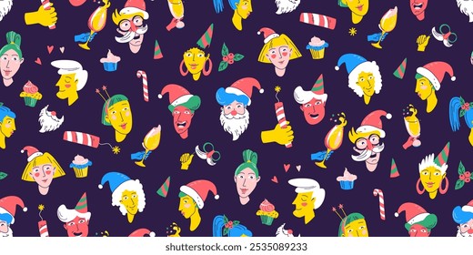 Christmas Party Time unique Characters. Diverse collection of festive faces. Seamless pattern background. Fun hats and cheerful expressions. Christmas cards, invitations. Flat vector illustration