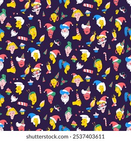 Christmas Party Time unique Characters. Diverse collection of festive faces. Seamless pattern background. Fun hats and cheerful expressions. Christmas cards, invitations. Flat vector illustration