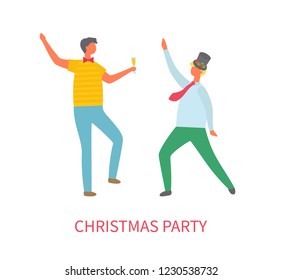 Christmas party, two drunk men dancing at corporate fest celebrating New Year and christmas holiday. Vector cartoon style people template isolated