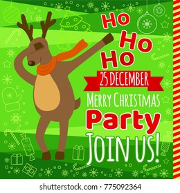 Christmas party typography design template, with funny reindeer making dab dance, youth teenage culture modern cool style, with line art decoration, for invitation, web banner, card, poster, flyer.  