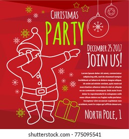 Christmas party typography design template, with funny Santa making dab dance, youth teenage culture modern cool style, with line art decoration, for invitation, web banner, card, poster, flyer.