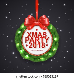 Christmas party typography, christmas tree with wreath, stars, ribbons, and snow decoration for flyers, poster, web, banner, and card vector illustration