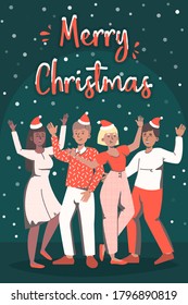 Christmas party. Vector Banner template. Happy People in red santa dress dancing and celebrating.illustration design for landing,flyer,greeting card