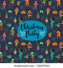 Christmas Party. Vector design element with with dancing women and New Year's symbols. For invitation, banner, card, poster, flyer, web and other users.