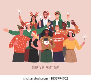 Christmas Party. Vector Illustration Of Diverse People In Christmas Outfits Standing Together With Wine Glasses And Bengal Lights. Isolated On Background 