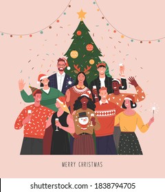 Christmas party. Vector illustration of diverse people in Christmas outfits standing together under Christmas tree with wine glasses and Bengal lights. Isolated on background 