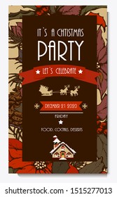 Christmas party vector invitation, with hand drawn flowers. 