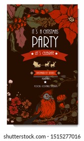 Christmas party vector invitation, with hand drawn flowers. 