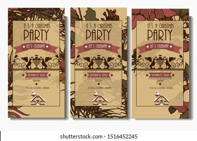 Christmas party vector invitation, with hand drawn flowers and cone