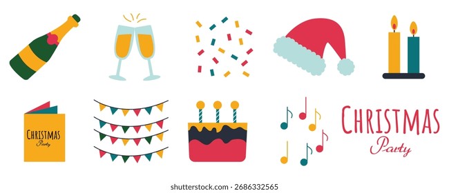 Christmas Party Vector Set with Champagne, Decorations and Santa Hat
