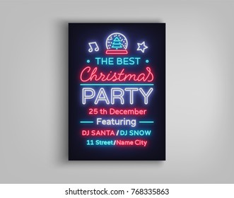 Christmas party vector template brochure. Christmas card design is designed in a neon style. Neon banner, bright luminous advertising for your Christmas projects.