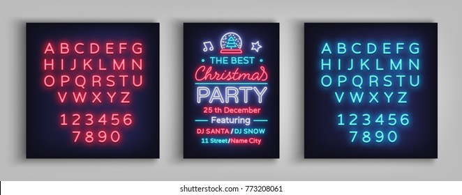 Christmas party vector template brochure. Christmas card design is designed in neon style. Neon banner, bright luminous advertising for your Christmas projects. Editing text neon sign. Neon alphabet