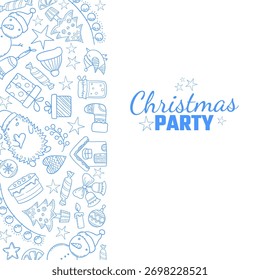 Christmas party. vertical background with christmas items snowflake cakes sweets and presents