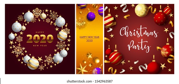 Christmas party vinous, orange banner set with wreath. New Year, Christmas, winter. Calligraphy with decorative design can be used for invitations, post cards, announcements