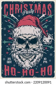 Christmas Party Vintage Colorful Poster Santa Claus Skull Invites You To Tough Rave On New Year Eve Vector Illustration