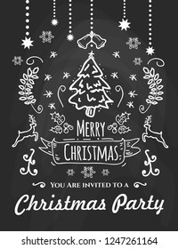 Christmas party. Vintage Merry Christmas And Happy New Year Calligraphic And Typographic Background With Chalk Word Art On Blackboard