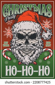 Christmas party vintage poster colorful skull with Santa Claus accessories and lollipops laughing evilly on hard party affiche vector illustration